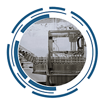 A line in a factory, manufacturing. The image is framed by a circular, futuristic design.